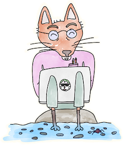 a self-portrait of chris tomotama, drawn as a bespectacled fox soaking his feet in a river a self-portrait of chris tomotama, drawn as a bespectacled fox soaking his feet in a river